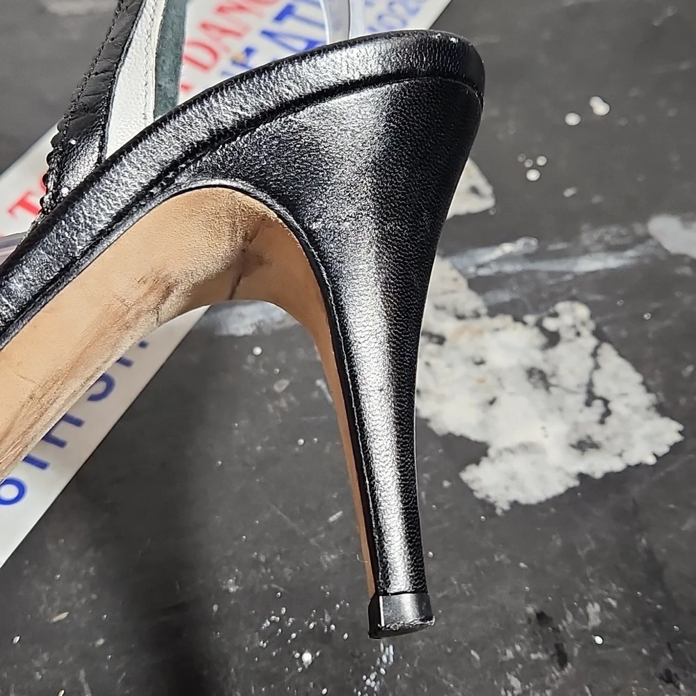 ANN KLEIN Open Toe Lazer Cut Sling Back Black White Heel 9M